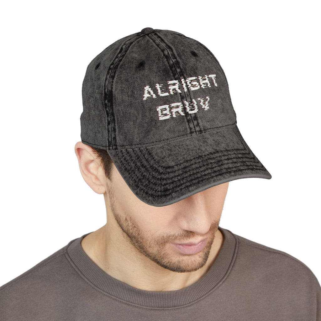 Washed Denim Embroidered Cap — "Alright Bruv" with logo at back