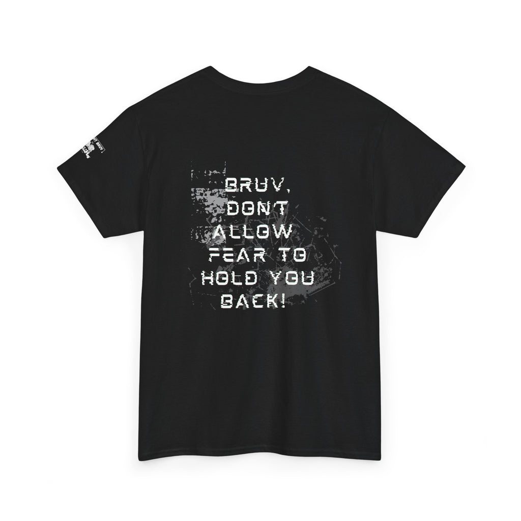 Black t-shirt with white text on a white background