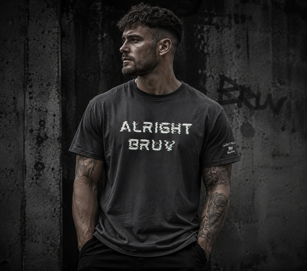 Alright Bruv Graphic Tee - Alright Bruv by PositiveHug logo on shoulder