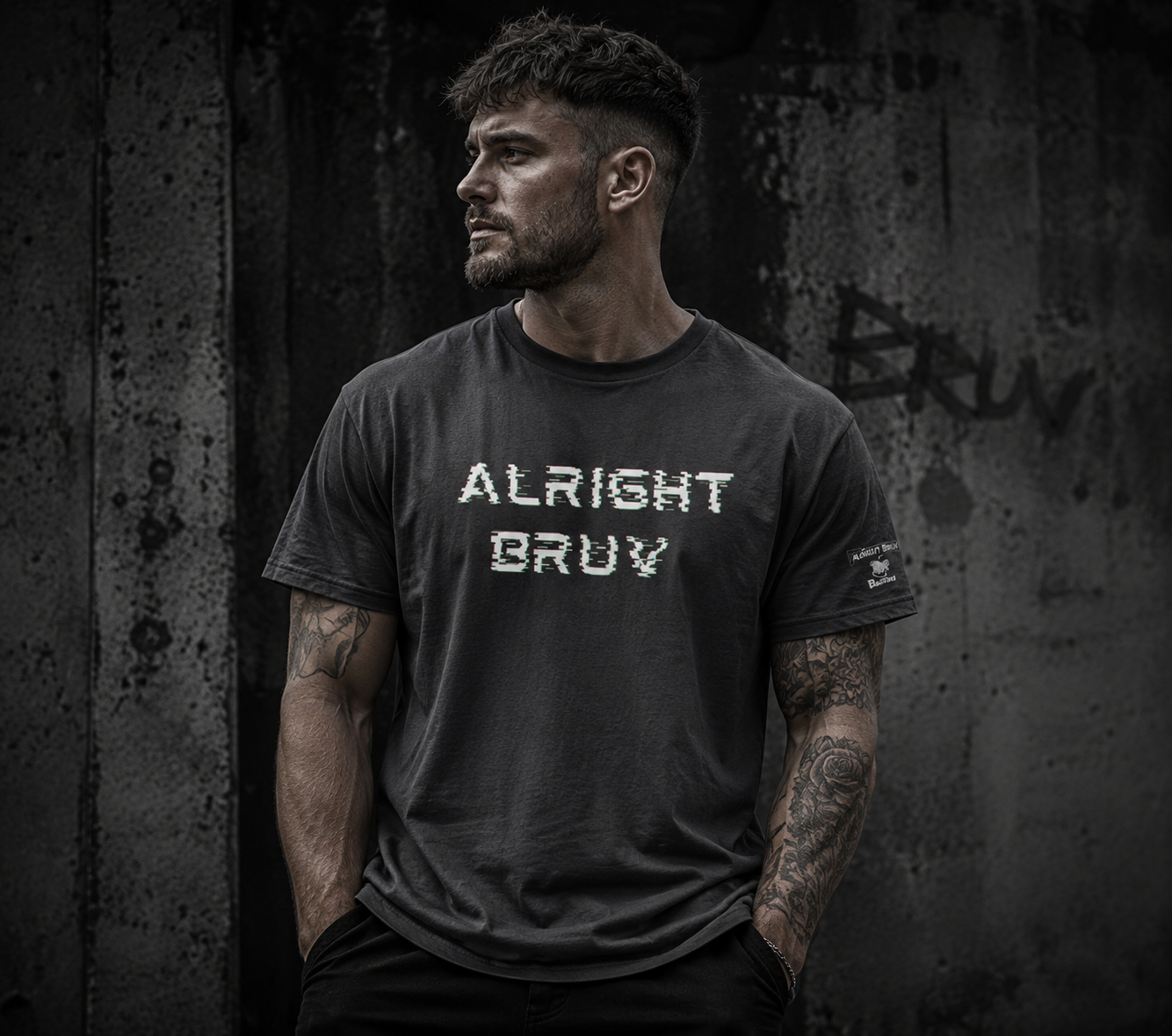 Alright Bruv Graphic Tee - Alright Bruv by PositiveHug logo on shoulder